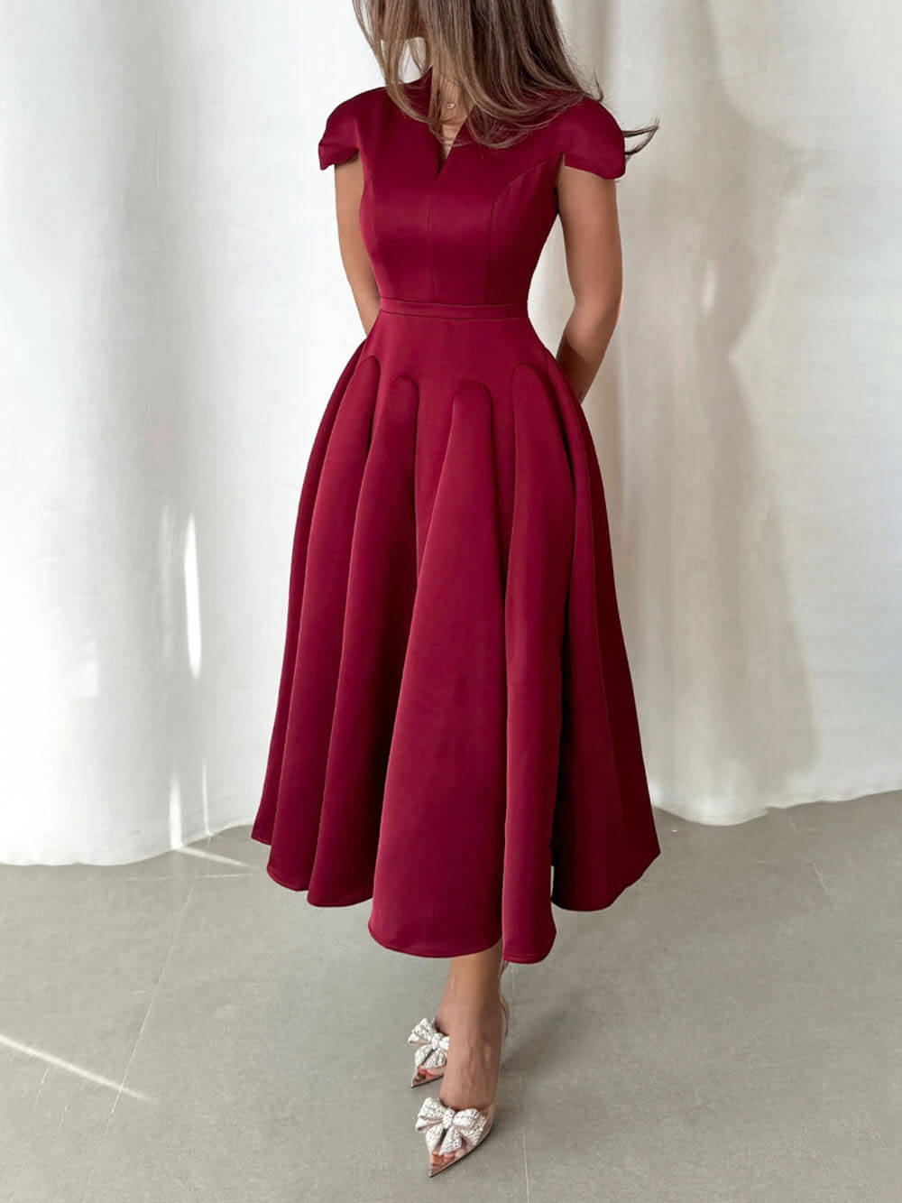 Elegant Pleated V-Neck Waisted A-Line Midi Dress