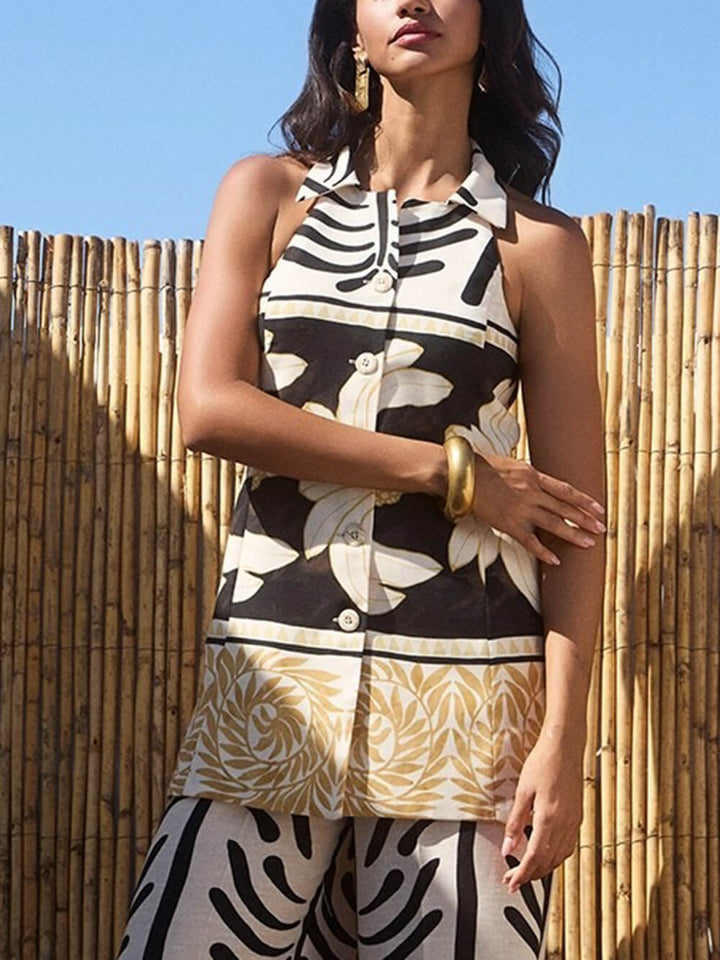 Boho Tropical Print High-Waisted Wide-Leg Pants