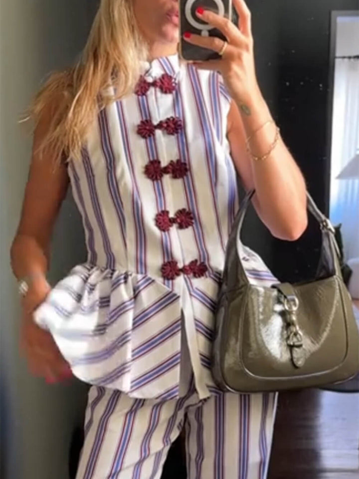 Retro Stripe Print High-Waist Straight-Leg Pants