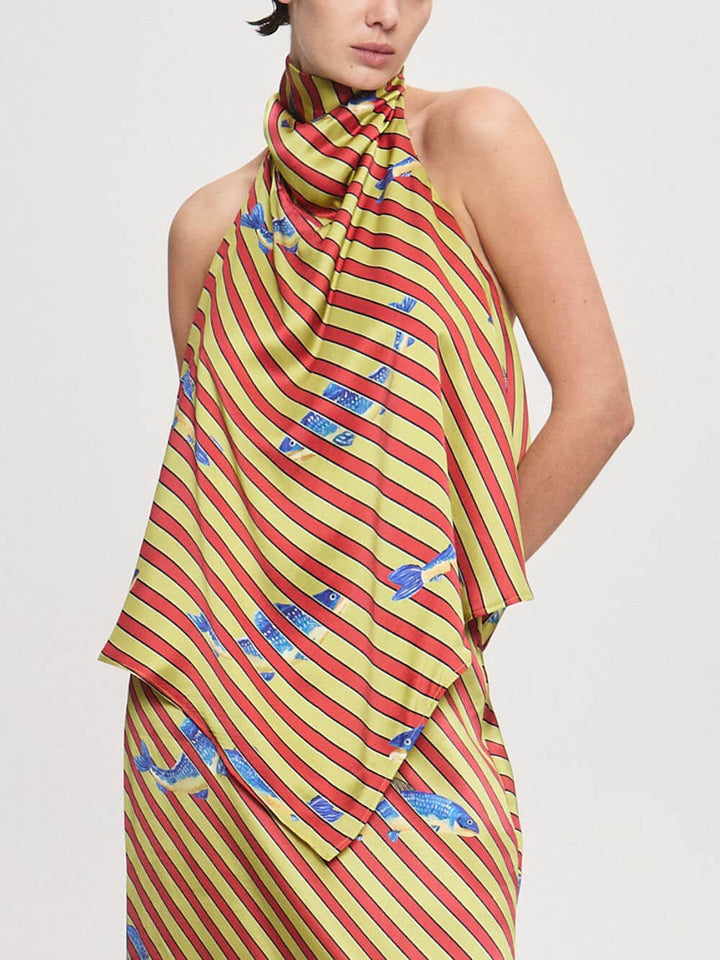 Unique Satin Ocean Print Gathered Halterneck Button Closure Loose Fit Tank