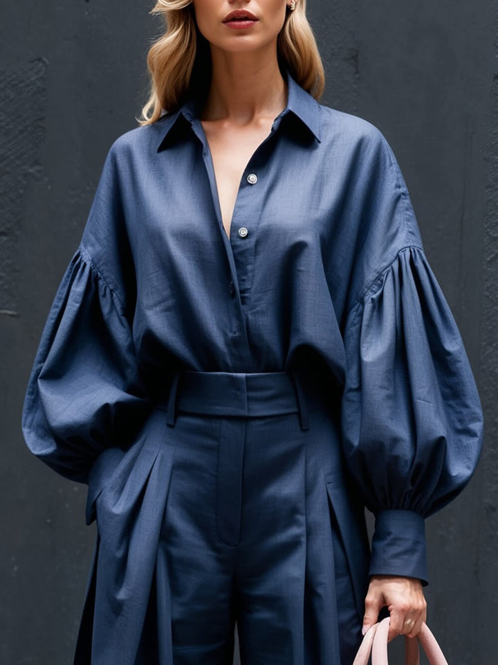 Fashionable Casual Solid Color Lantern Sleeve Loose Button-Down Oversized Shirt