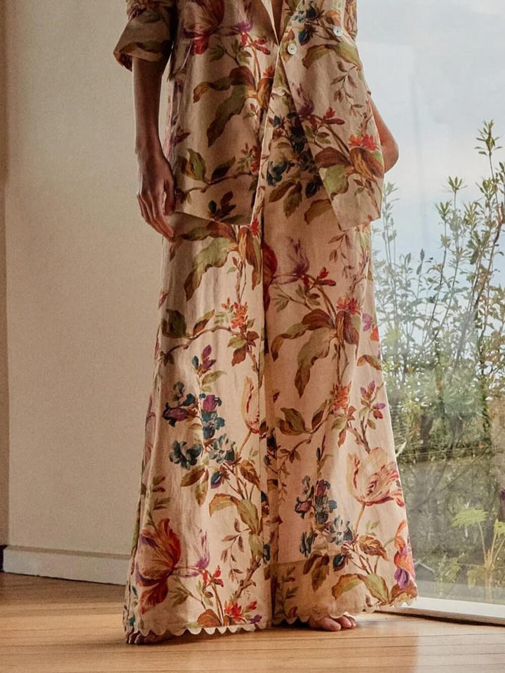 Exquisite Retro Floral Print High-Waisted Loose Pocket Wide-Leg Pants