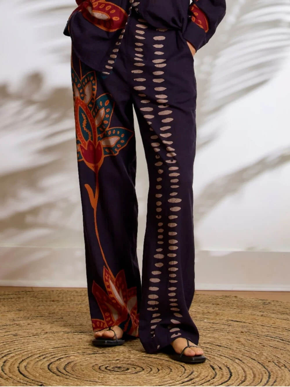 Exquisite Floral Print Linen Button-Up Top And Loose Pocket Pants Set