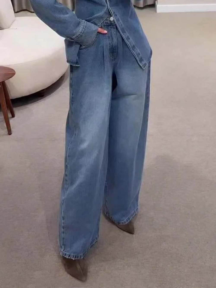 Fashionable High-Waist Pocket Wide-Leg Jeans