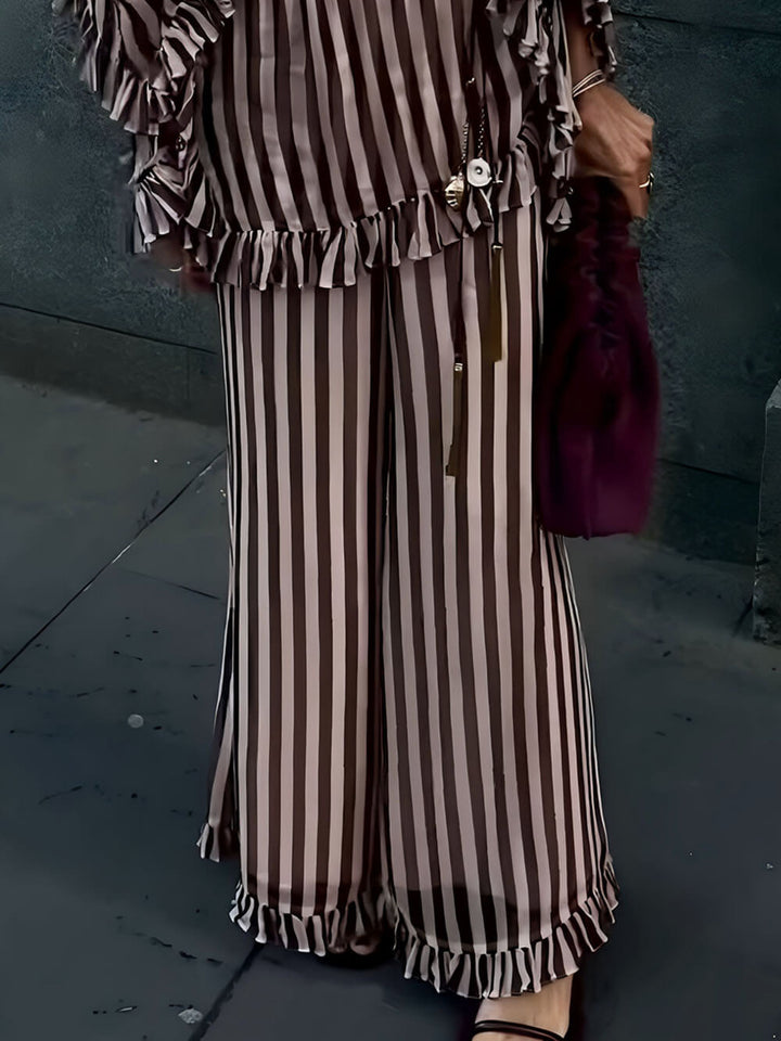 Classic Striped Ruffled V-Neck Loose Shirt