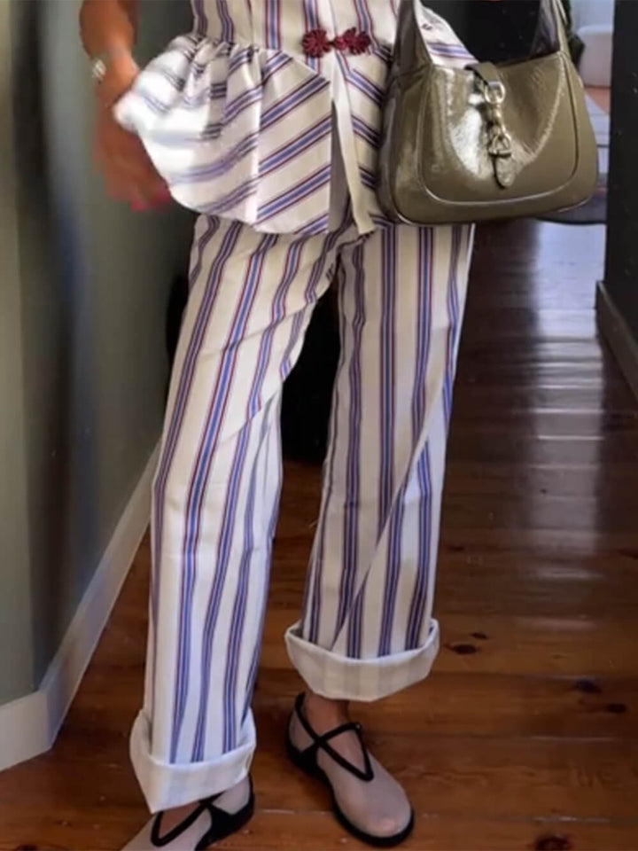 Retro Stripe Print High-Waist Straight-Leg Pants