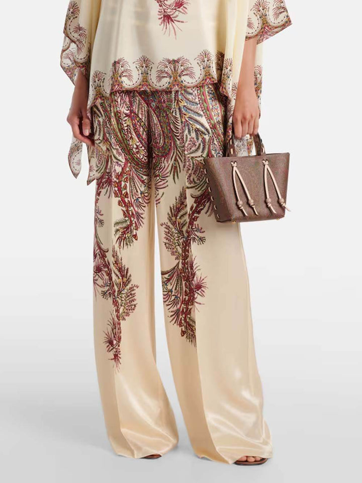 Exquisite Printed Satin Elastic Waist Loose Wide-Leg Pants