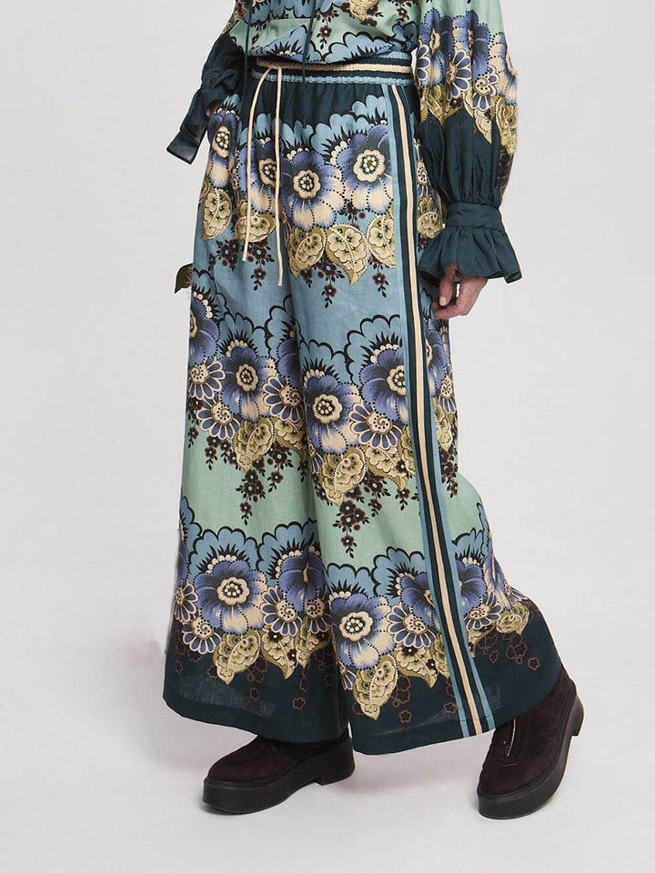 Classic Unique Floral Print Colorblocked Lace-Up Pockets Elastic Waist Wide-Leg Pants