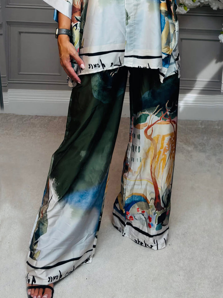 Unique Satin Roman Print Elastic-Waist Wide-Leg Pants