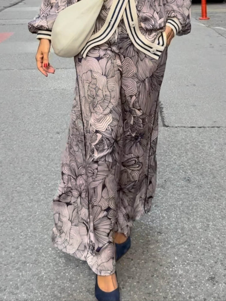 Unique Floral Print Ribbon Splice Pockets Elastic Waist Wide-Leg Pants