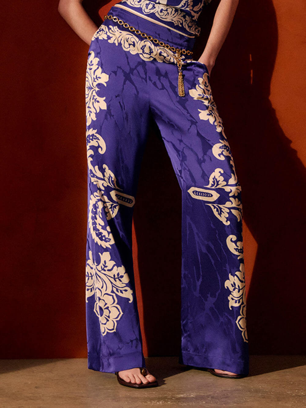 Vintage Satin Unique Ethnic Print Printed Mid-Rise Straight Pants