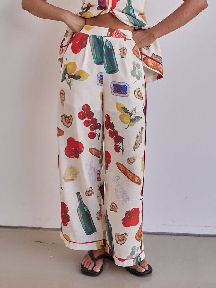 Exclusive Print Contrasting Red Trim High Waist Elastic Pocket Wide Leg Pants