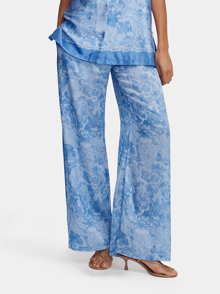 Modern Sophisticated Feel Satin Unique Zinnia Print Elastic Waistband Pocket Wide Leg Pants