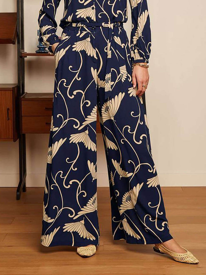 Modern Exquisite Unique Elf Print Button Tie Loose Wide Leg Pants