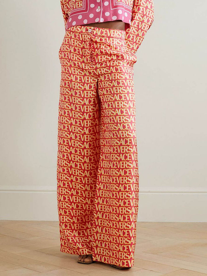 Unique Retro Satin Font Print Elastic Waist Wide Leg Pants