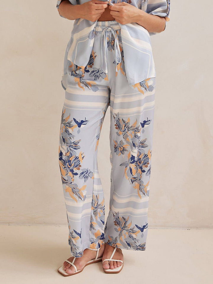 Exclusive Floral Print Drawstring Elastic Waistband Pocket Straight Pants