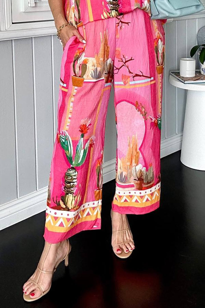 Unique Floral Print Loose-Fit Pockets Wide-Leg Pants