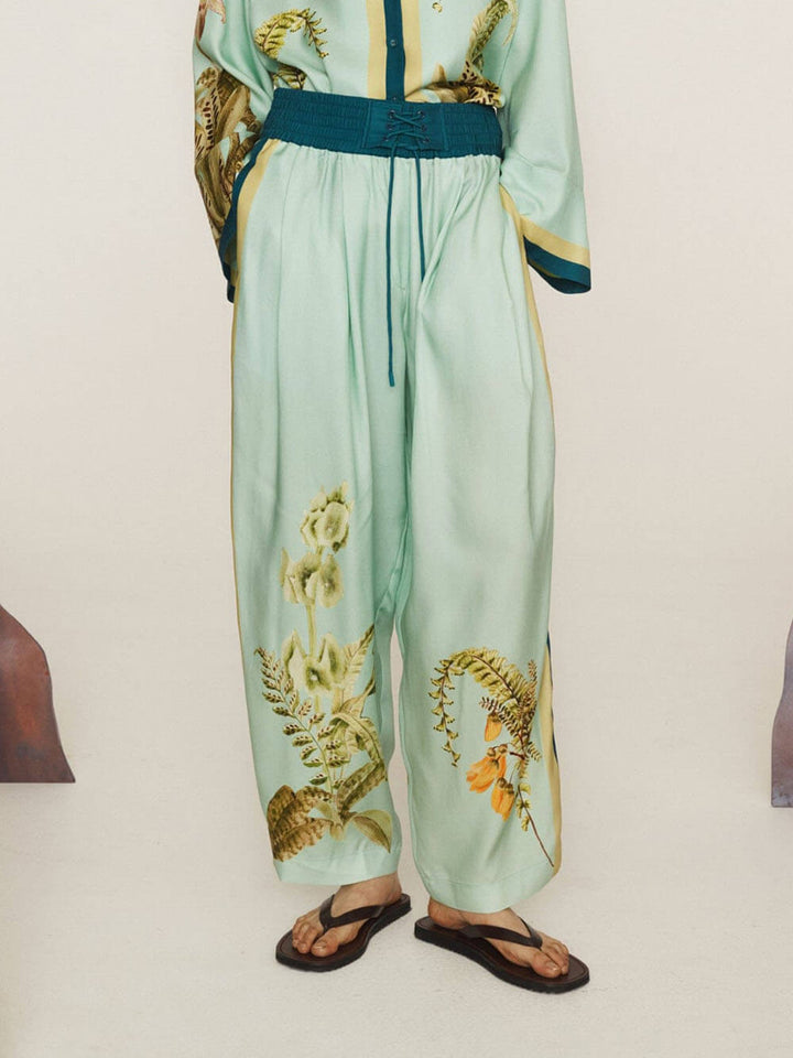 Unique Contrast Patchwork Print Elastic Waist Tie Pocket Pants