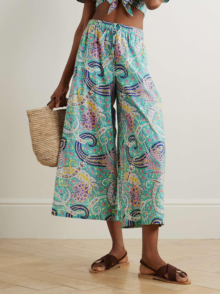 Unique Paisley Print Elastic Waist Loose Wide-Leg Pants
