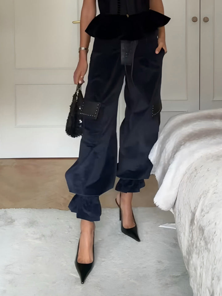 Retro Fashion Ruffled Sleeveless Vest Corduroy Drawstring Tapered Pants Set