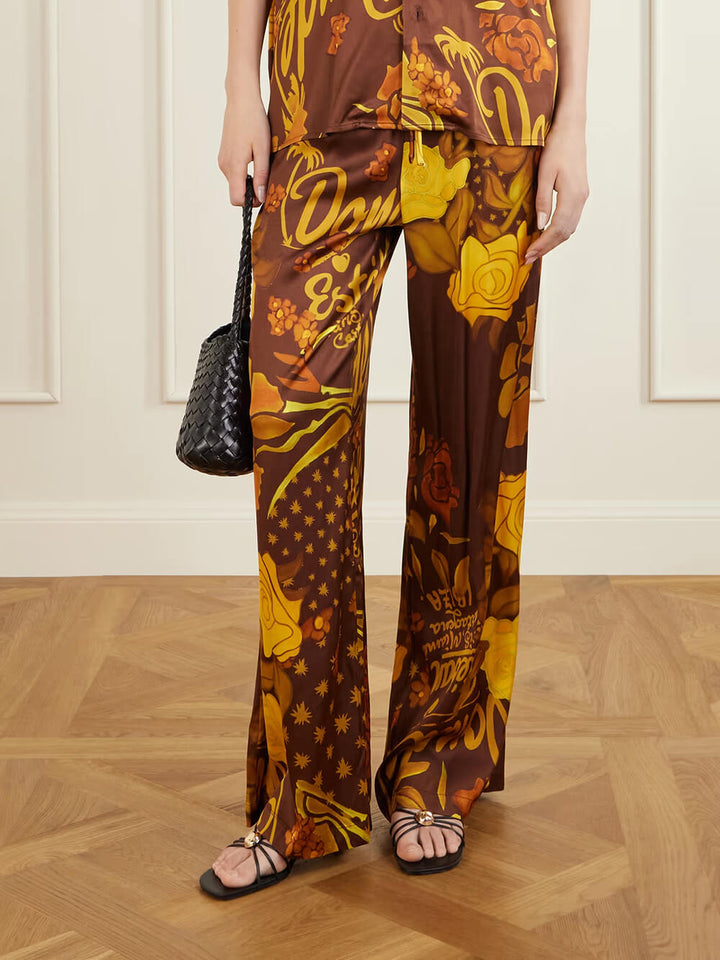 Unique Printed Satin Elastic Waist Pocket Wide-Leg Pants