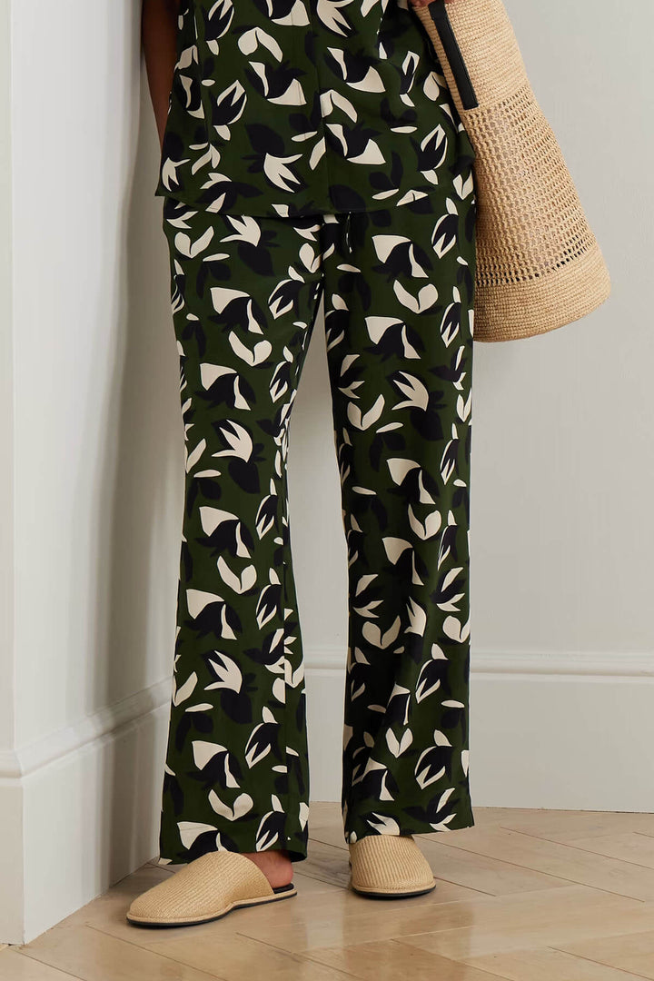 Unique Floral Print Satin Elastic Waist Straight Leg Pants