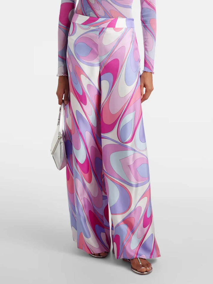 Unique Rainbow Print Twill Satin Wide-Leg Pants