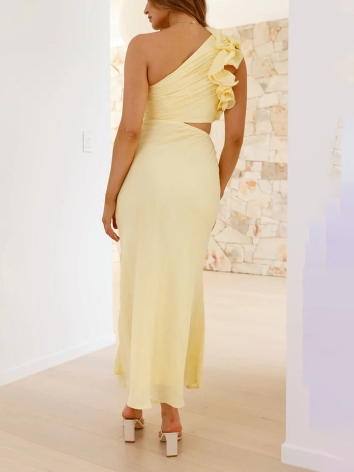 Prom Fashion Pleated One-Shoulder Hollow Slim Maxi Dress