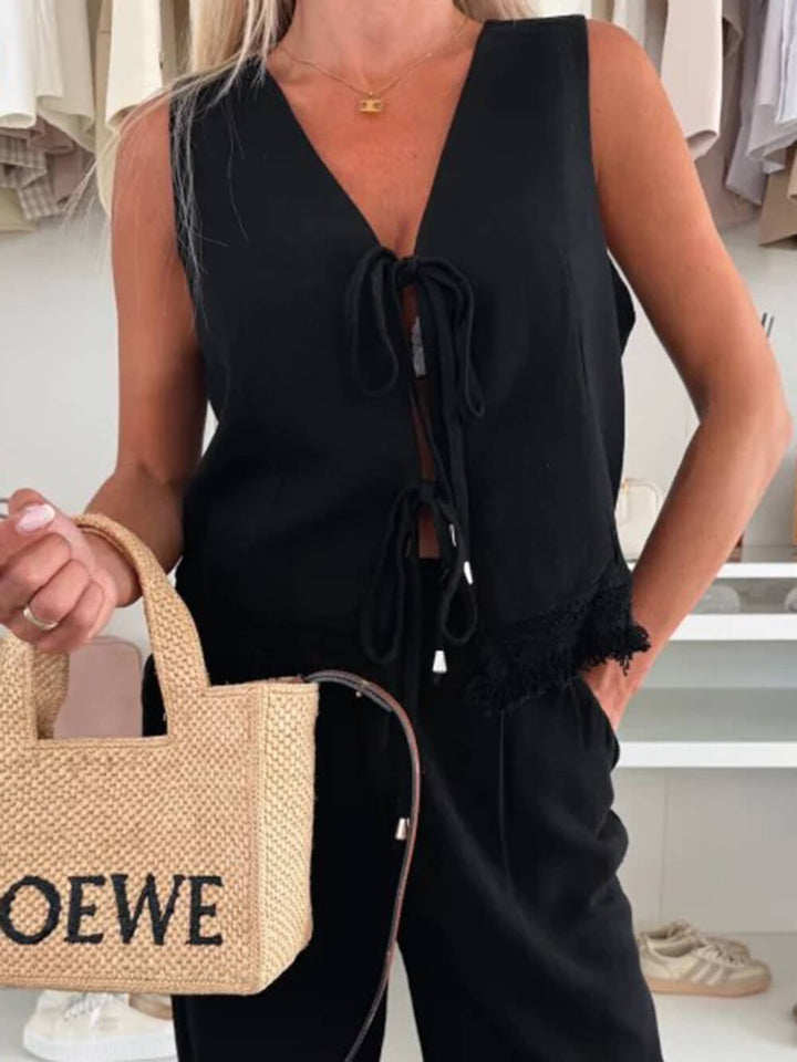 Summer Linen Casual Lace Stitching Lace-Up Tank