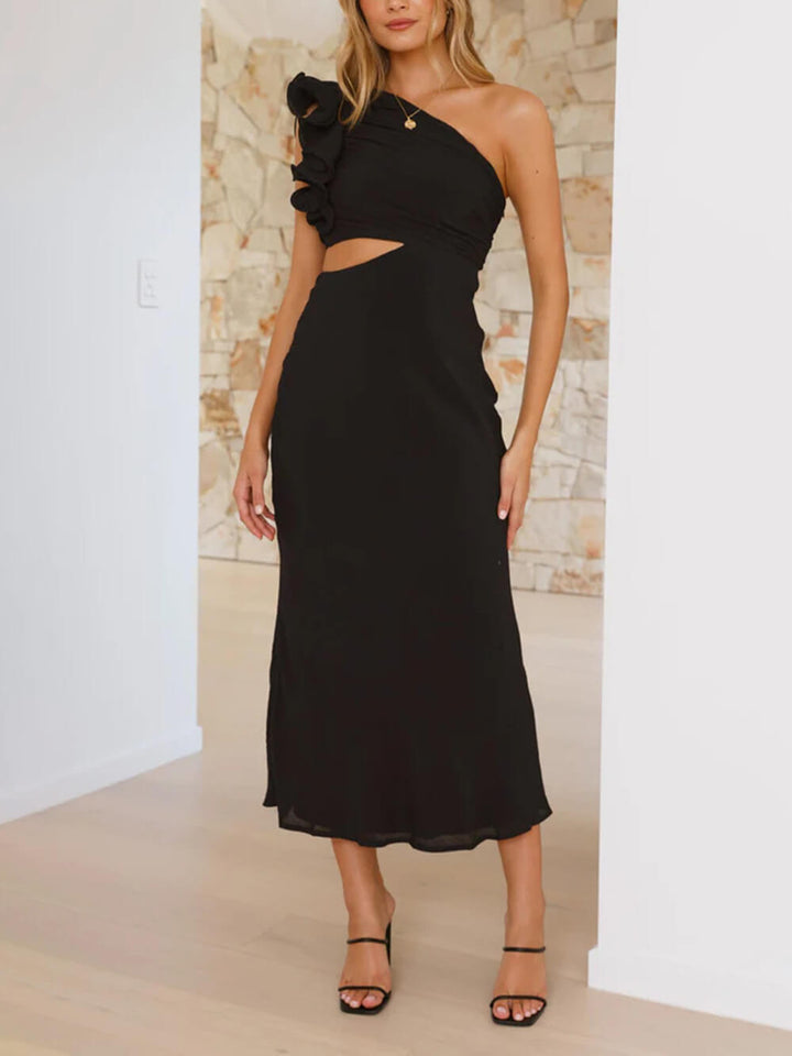 Prom Fashion Pleated One-Shoulder Hollow Slim Maxi Dress