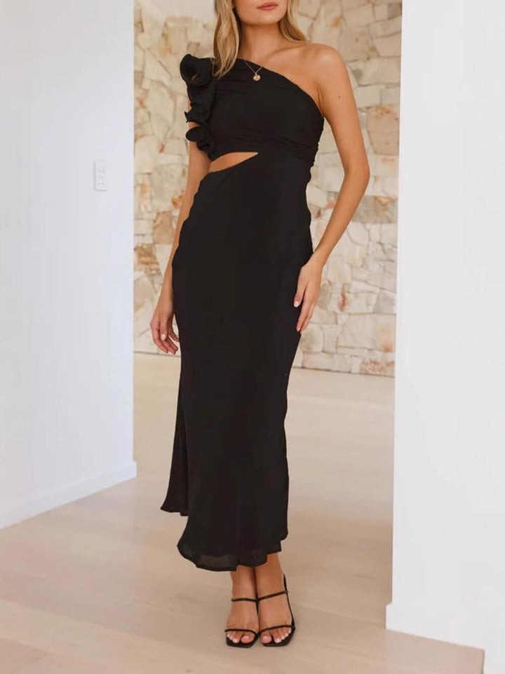 Prom Fashion Pleated One-Shoulder Hollow Slim Maxi Dress