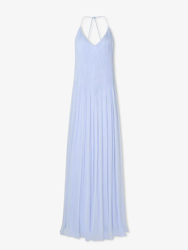 Elegant Pleated V Neck Open Back Maxi Dress