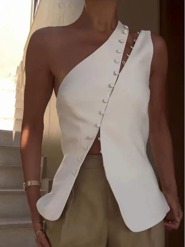 Fashion One-shoulder Button Detail Top