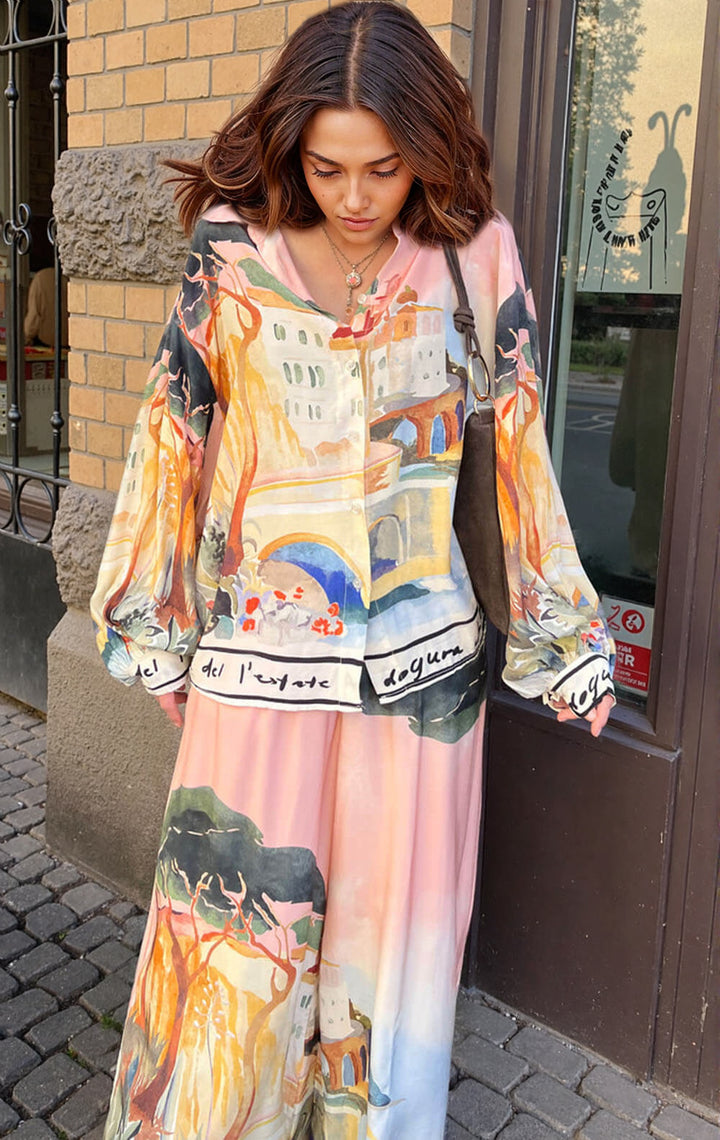 Unique Satin Landscape Print Loose Oversized Shirt