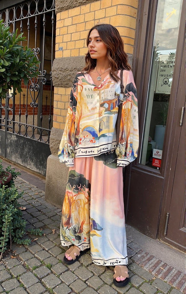 Unique Satin Landscape Print Loose Oversized Shirt