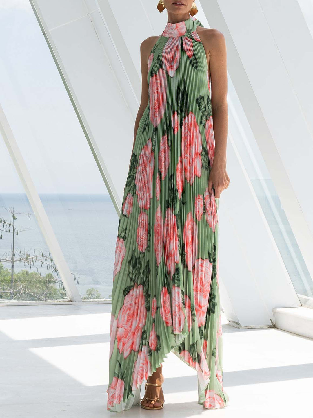 Elegant Romantic Rose Print Pleated Party Maxi Dress