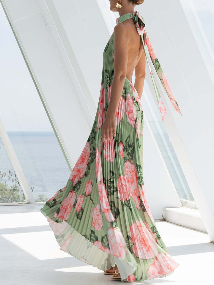 Elegant Romantic Rose Print Pleated Party Maxi Dress