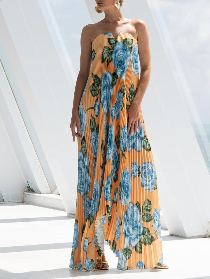 Elegant Floral Print Pleated Irregular Hem Maxi Dress