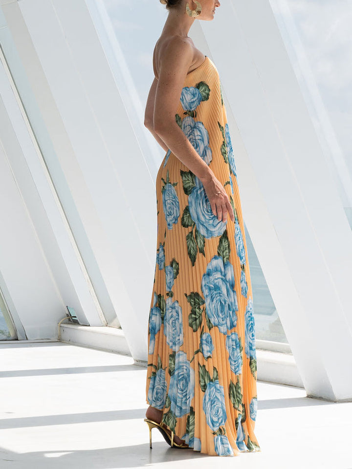 Elegant Floral Print Pleated Irregular Hem Maxi Dress