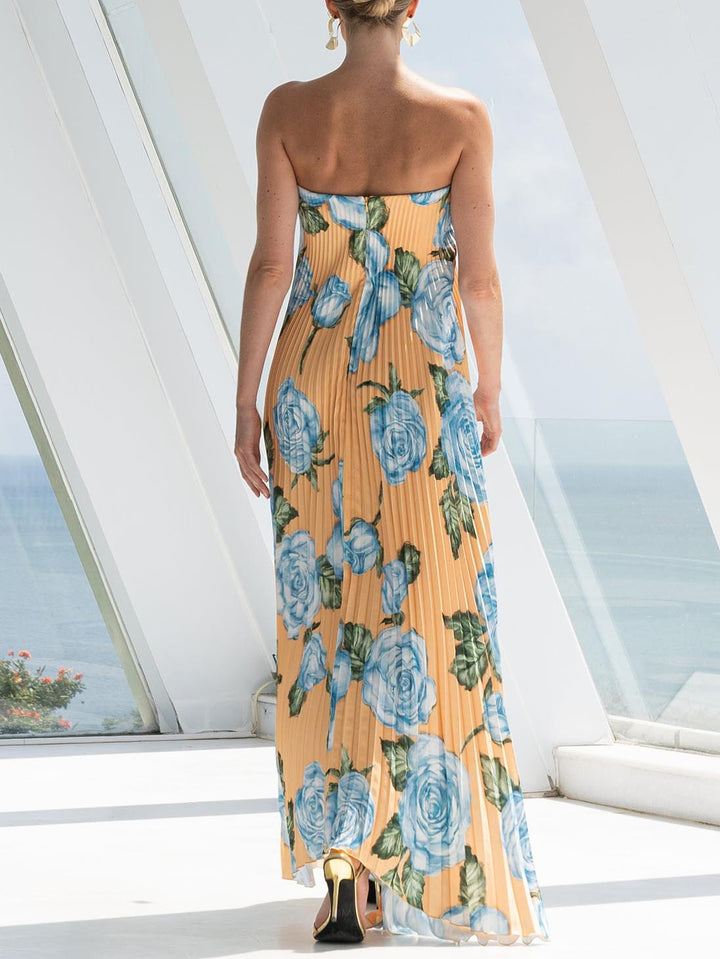 Elegant Floral Print Pleated Irregular Hem Maxi Dress