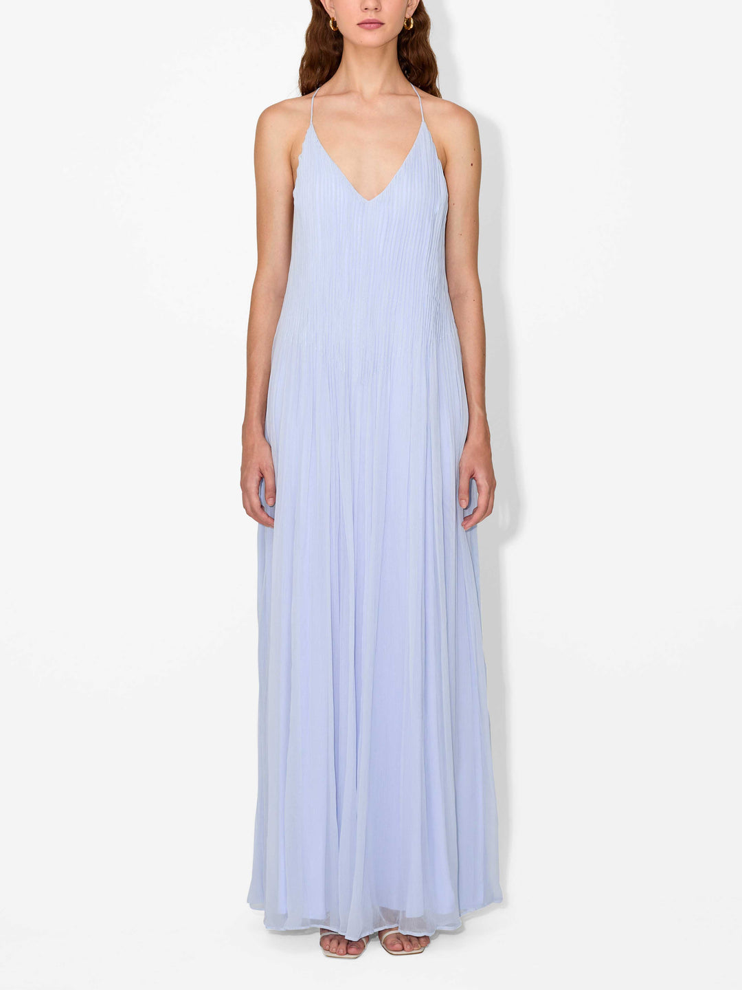 Elegant Pleated V Neck Open Back Maxi Dress