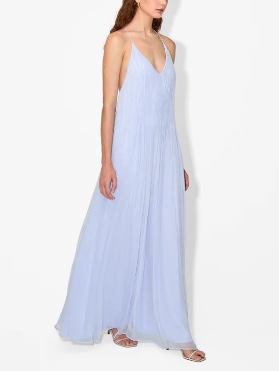 Elegant Pleated V Neck Open Back Maxi Dress