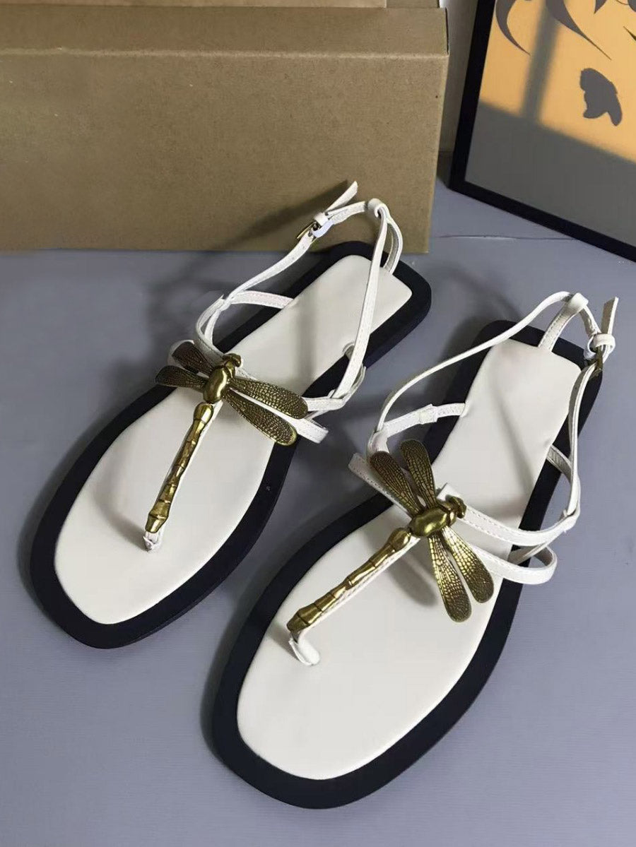 Metal Dragonfly Flat Square Toe Open Toe Sandals