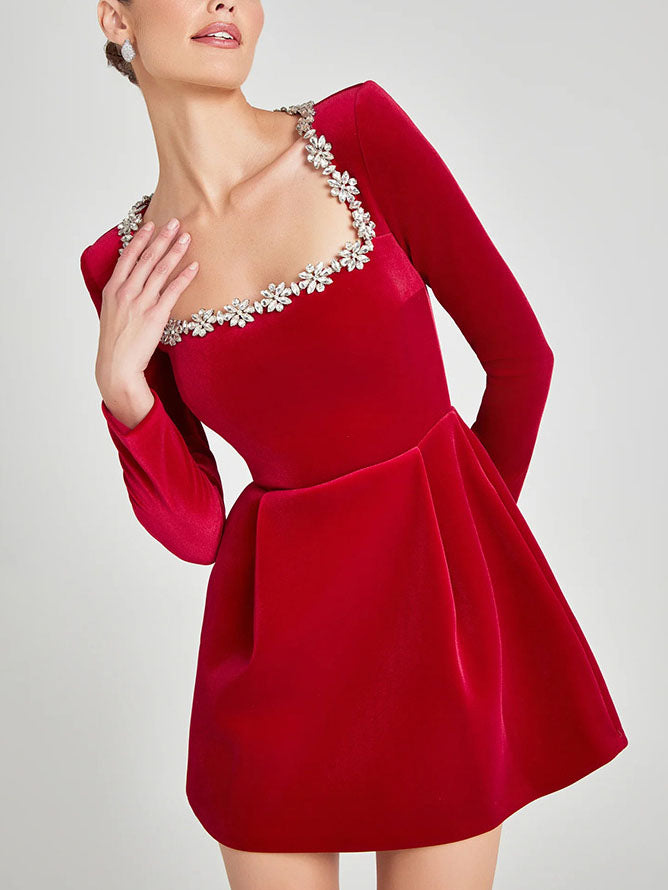 Elegant Square Neck Crystal Embellished Mini Dress