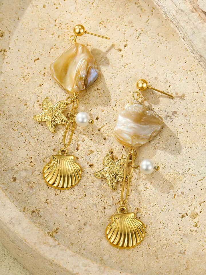 Shell And Starfish Pendant Tassel Pearl Earrings