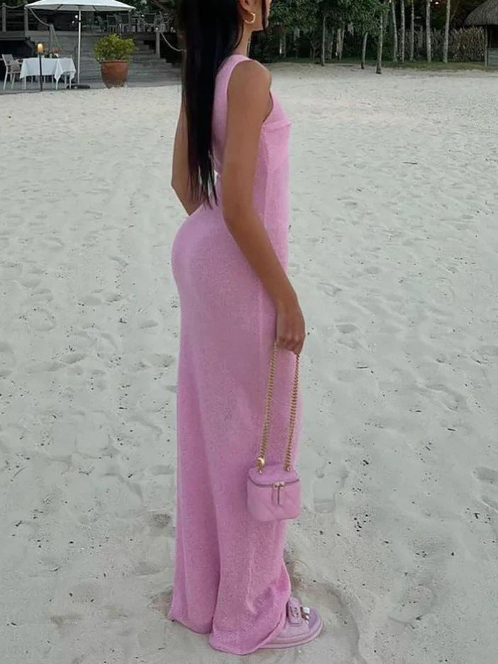 Fashion Crew Neck Knitted Beach Maxi Dress