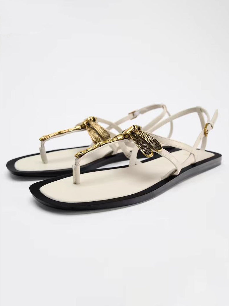 Metal Dragonfly Flat Square Toe Open Toe Sandals