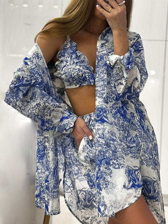 Fashionable Printed Ruffle Shorts Homewear Three-piece Set