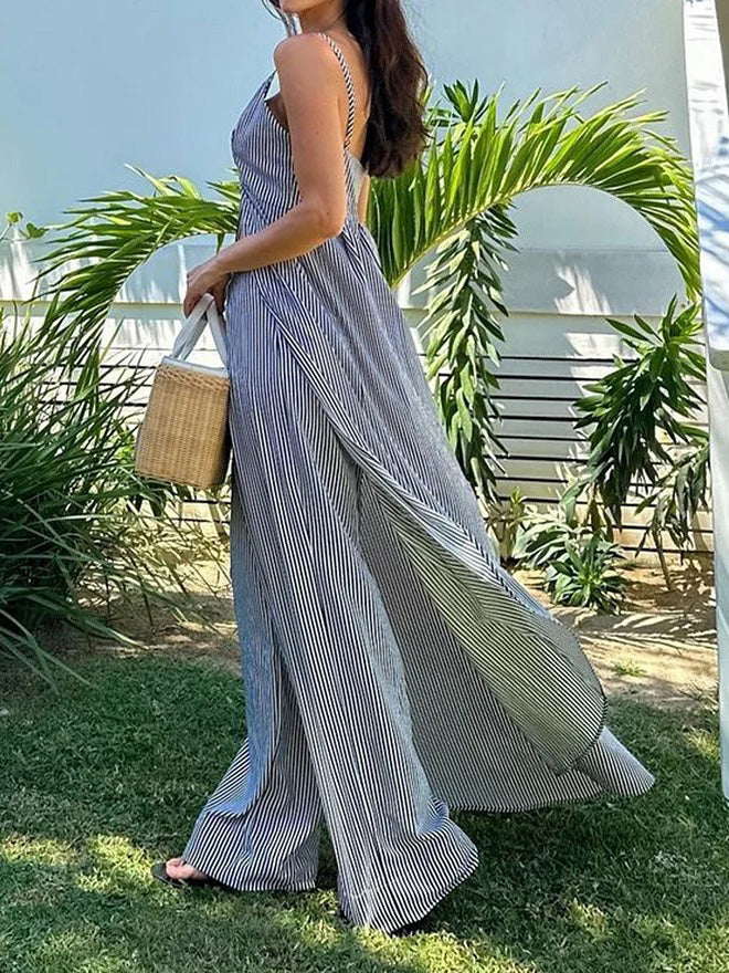 Classic Striped Top And Wide-Leg Pants Two-Piece Set