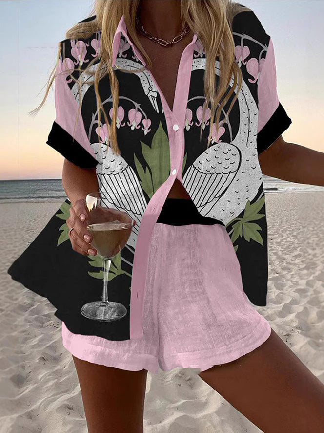 Leisure Vacation Spider Plant Print Shorts Two-piece Set